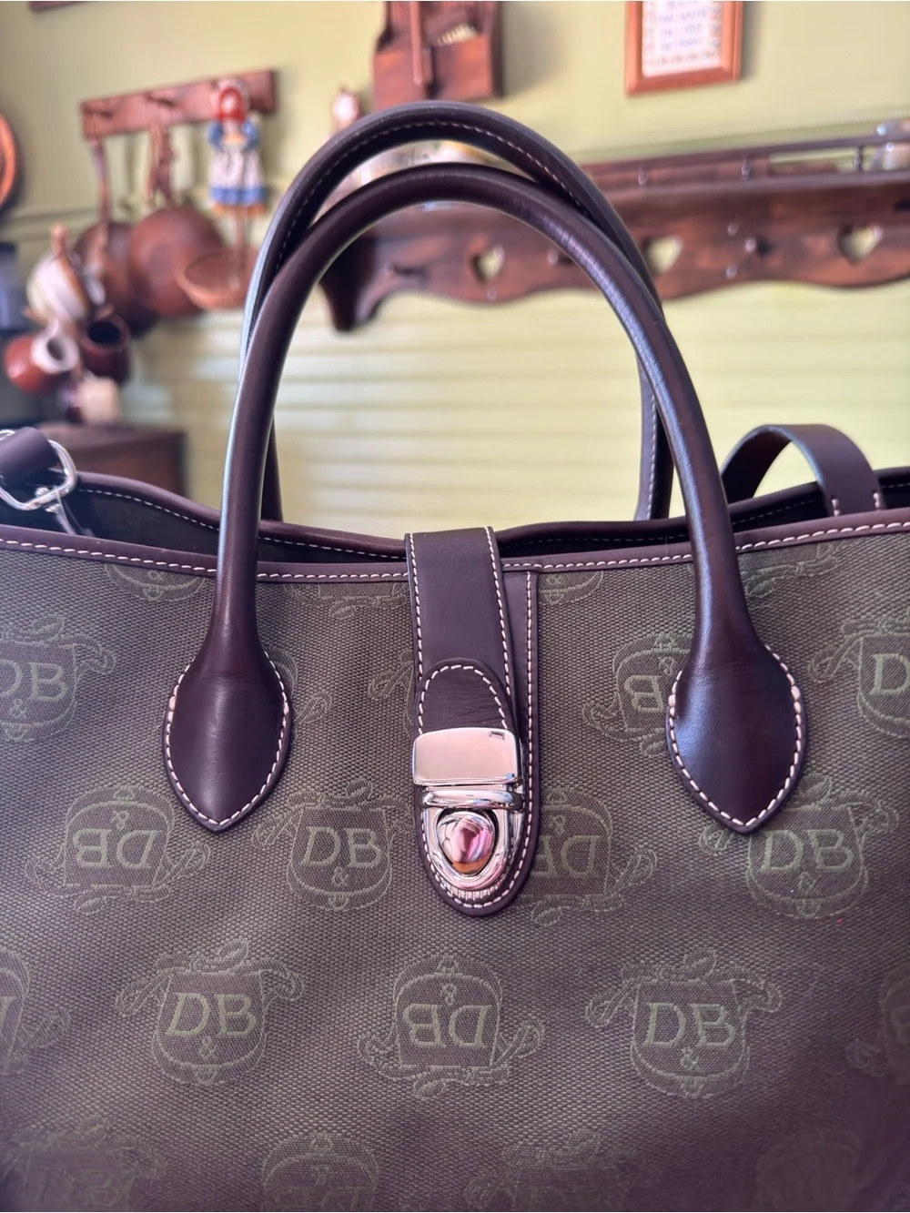 Dooney & Bourke Large Signature Satchel – Green Canvas & Brown Leather Trim –